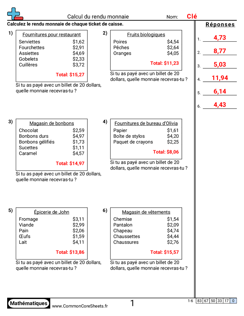 4th Grade Fiches d'Exercices sur la Monnaie - Monnaie sur un reçu worksheet