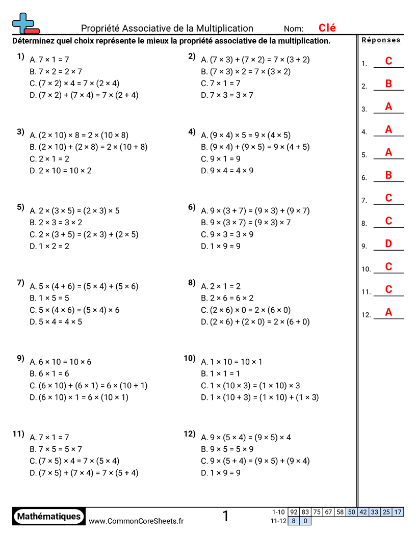 Fiches d'Exercices sur les Propriétés - propriete-associative-choix-multiple worksheet