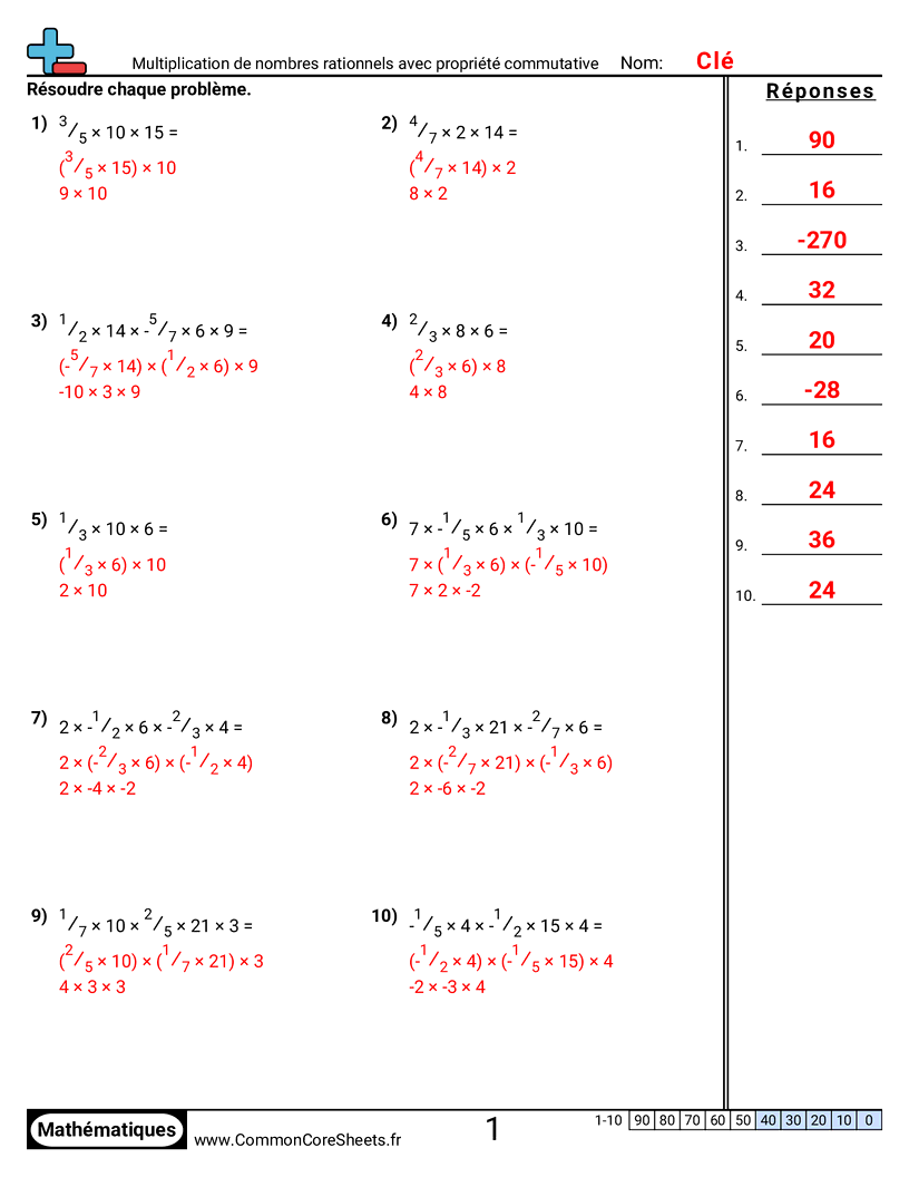 Fiches d'Exercices sur les Propriétés - multiplication-de-nombres-rationnels-avec-la-propriete-commutative worksheet