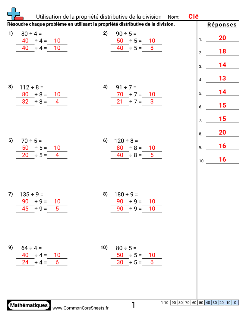 Fiches d'Exercices sur les Propriétés - utiliser-la-propriete-distributive-de-la-division worksheet