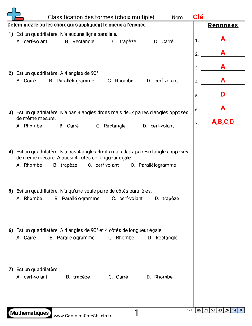 Fiches d'Exercices sur les Figures - classer-des-formes-choix-multiple worksheet