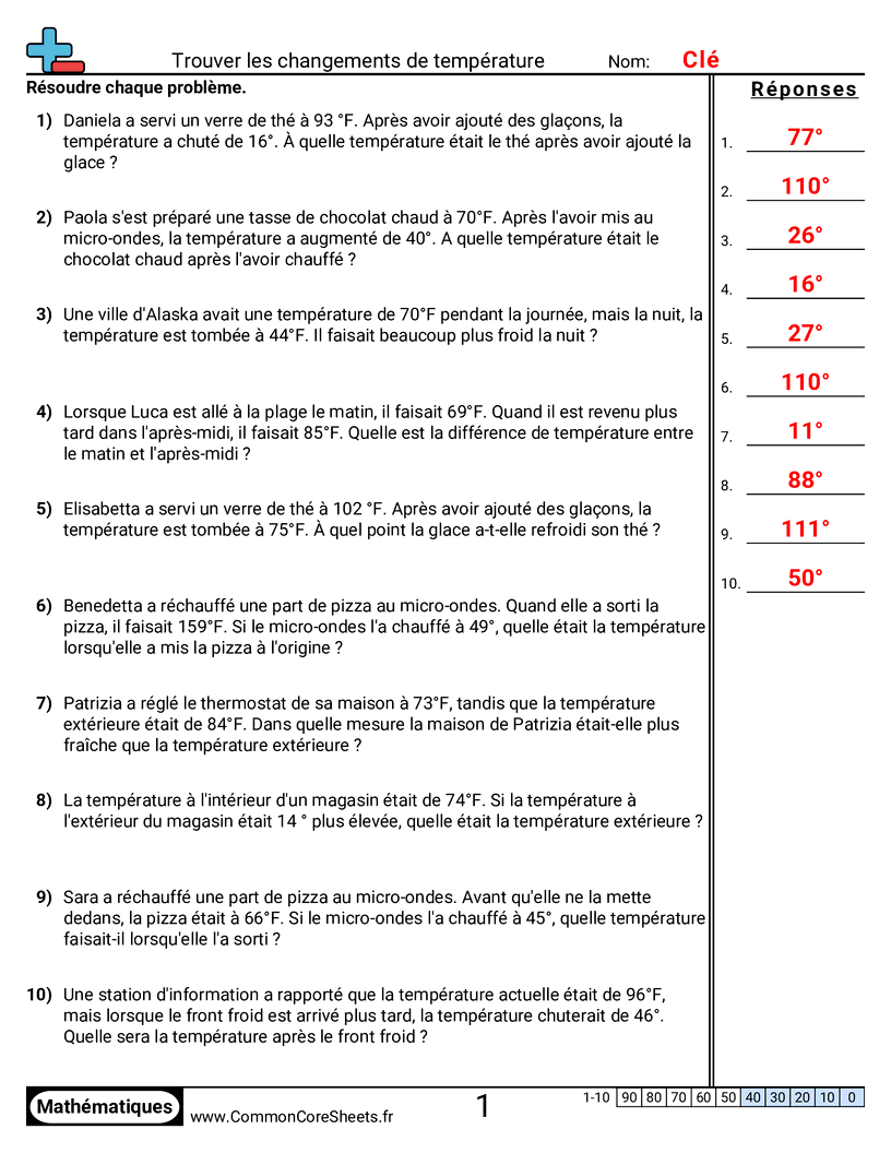 Fiches d'Exercices sur la Température - Problèmes worksheet