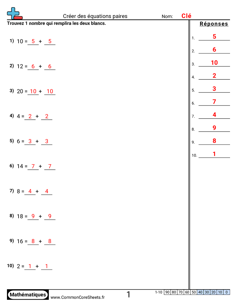 Fiches d'Exercices sur le placement de virgule d'un nombre décimal - creer-des-equations-paires worksheet
