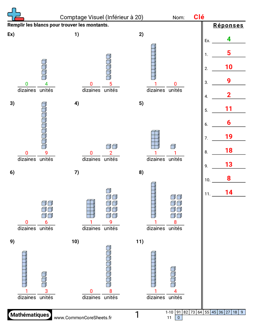 Fiches d'Exercices sur le placement de virgule d'un nombre décimal - valeur-de-position-visuelle-moins-de-20 worksheet