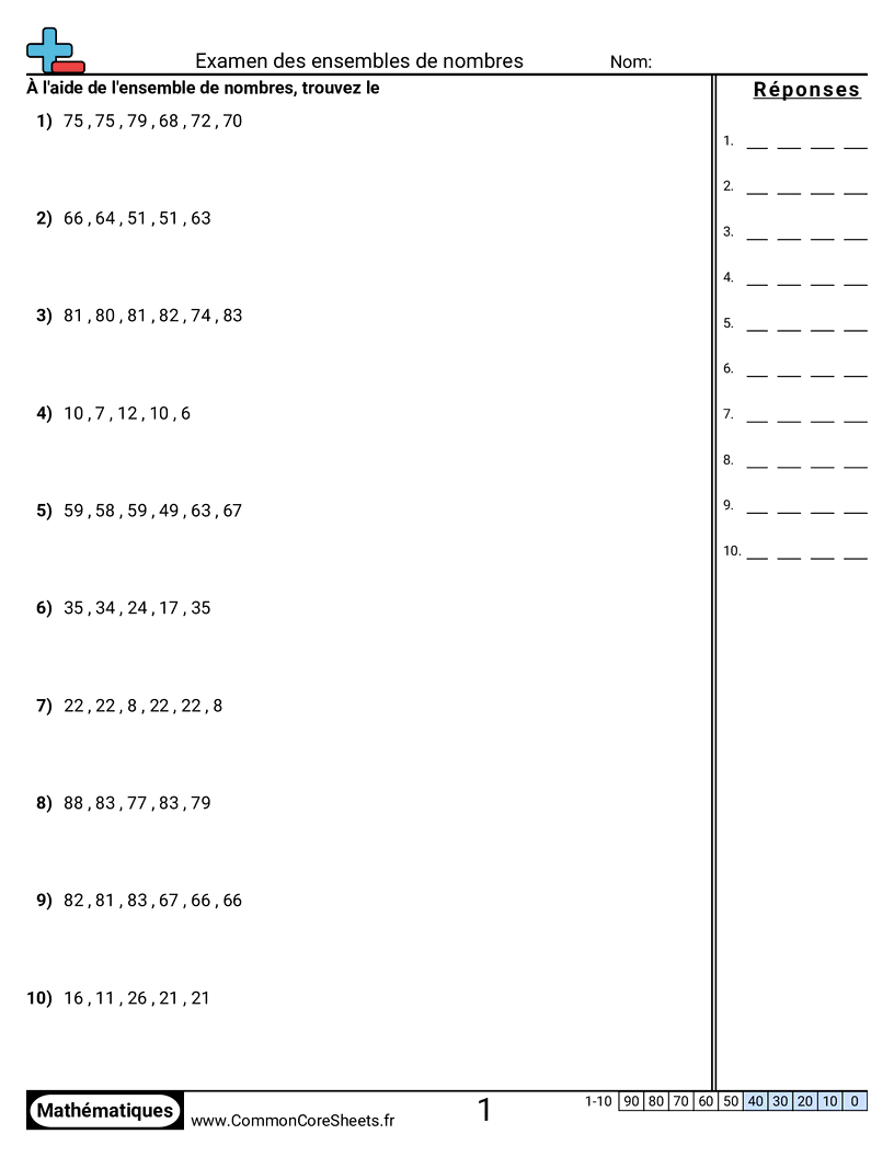 Étudier des ensembles de nombres worksheet